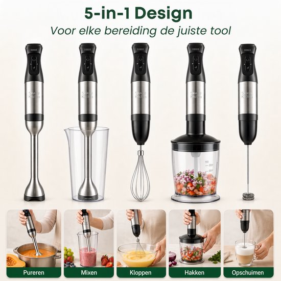 Mixeur plongeant Savoré Kitchen Pro+ 1500 W – Ensemble comprenant un hachoir de 600 ml, un fouet, un mousseur à lait et un verre doseur – 5 vitesses – 6 lames – acier inoxydable