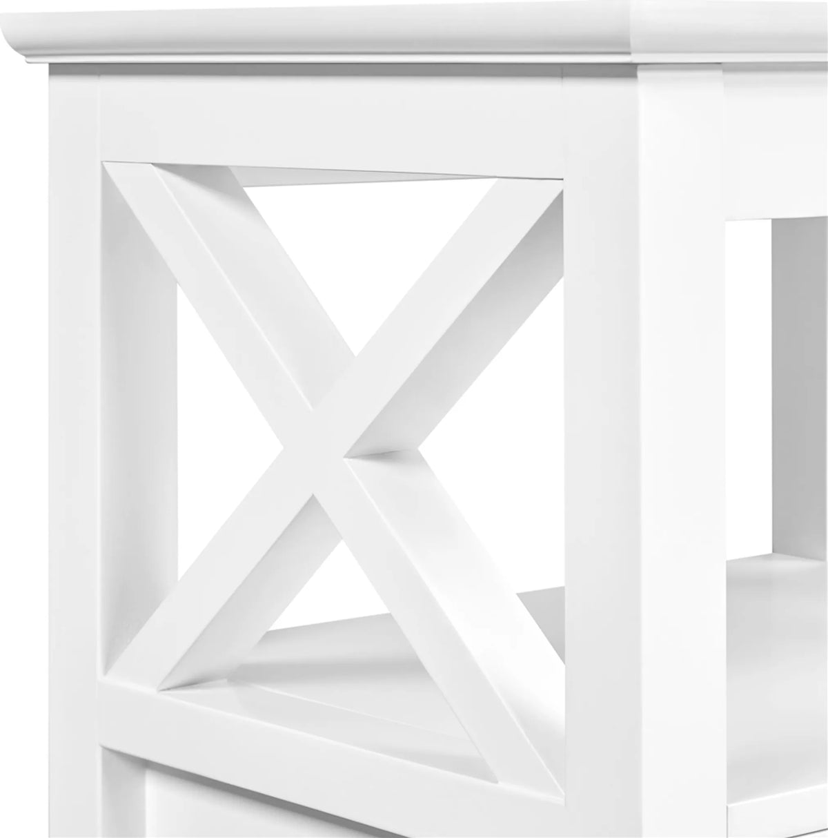 Table de chevet à 2 tiroirs et étagère ouverte, piètement métallique en forme de X, blanc, 40 × 30 × 60 cm