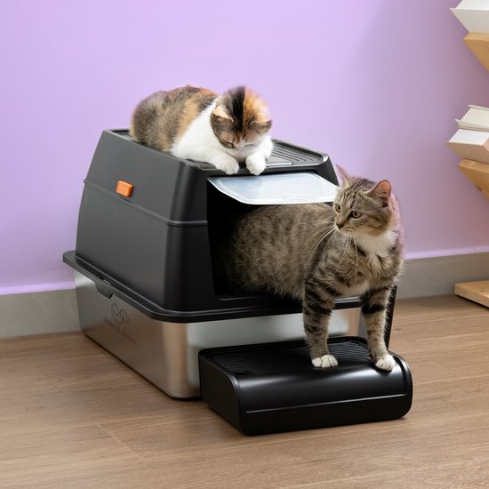 Bac à litière Jake et Jacky en acier inoxydable - Bac à litière pour chat en acier inoxydable - Avec pelle à litière, support et marchepied pour ramasser la litière - Bac à litière ouvert 2 en 1 avec couvercle amovible - 60 x 40 x 38 cm - Noir