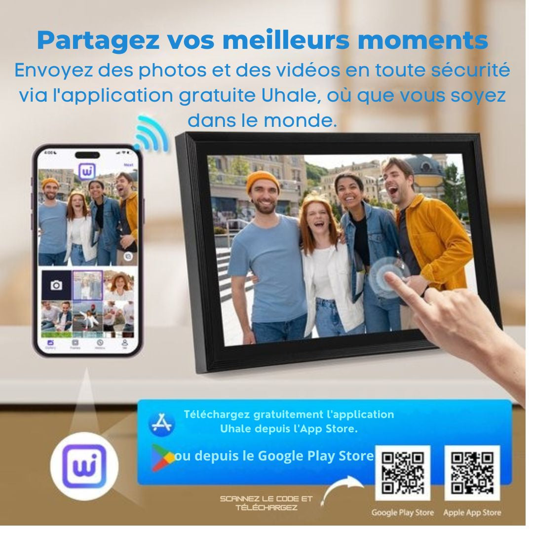 Cadre photo numérique avec Wifi - Saaf - écran tactile 10,1" et 160 Go - avec application - Noir