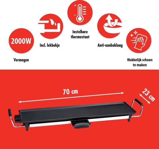 alpina Teppanyaki griddle - Plaque de gril - Set gourmet 4 personnes - 70 x 23cm - 2000W