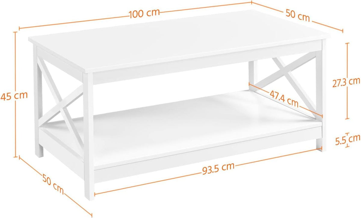 Table basse avec 2 étagères et structure en X, 100 × 50 × 45 cm, blanche