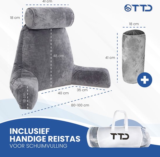 TTD® Premium XXL Coussin de lecture avec rouleau pour la nuque - Siège de lecture - Coussin de lecture pour le lit - Coussin de siège ergonomique avec rembourrage réglable - Coussin de livre - Comprend un mini-coussin supplémentaire - Velouté et doux - Ho