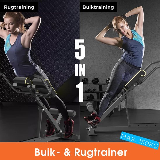 DH FitLife 5-in-1 Chaise romaine en hyperextension pour l'entraînement des abdominaux et des lombaires, réglable jusqu'à 150 kg, banc multifonction pour les curls et les haltères