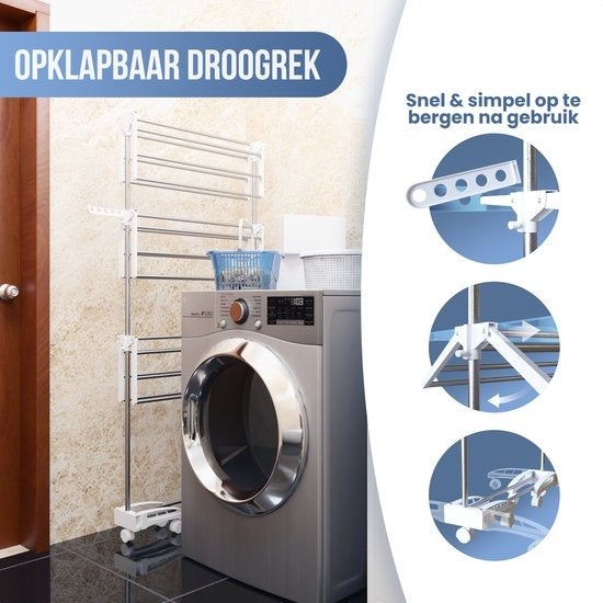 Avalo Clothes Rack - Tour de séchage à roulettes - 4 niveaux - pliable - blanc