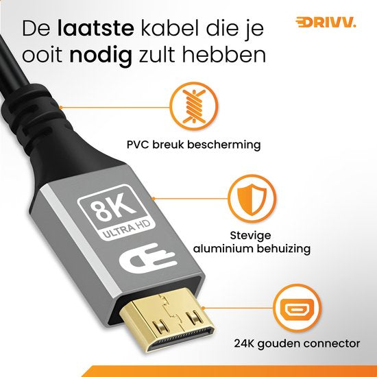 Drivv. Câble Premium Mini HDMI vers HDMI 2.1 - 8K 60Hz / 4K 120Hz Ultra HD - 1 mètre - Gris - Convient aux appareils photo, tablettes et ordinateurs portables