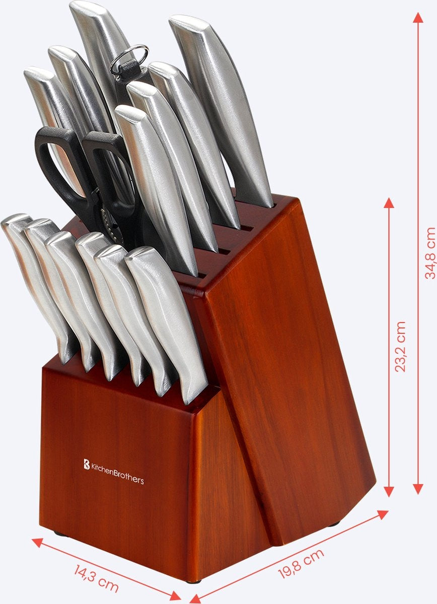 KitchenBrothers Set de couteaux - Bloc de couteaux - 16 pièces - avec ciseaux et acier d'affûtage - Bois d'acacia