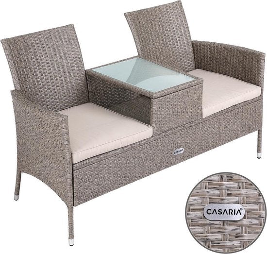 Banc de jardin Casaria Polyrattan - Coussin inclus - 143x55x88 cm Beige