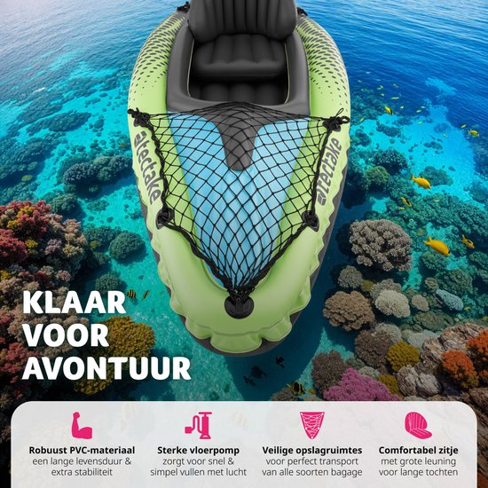 tectake® - Inflatable Kayak - Canoë gonflable pour 1 personne avec pagaie double et accessoires - Siège, pompe, sac de transport - Sports nautiques - Bateau à rames
