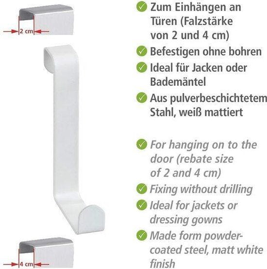 Crochets de porte Wenko pour portes à rebord et portes affleurantes - Blanc - 4 pièces