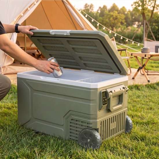 Auronic Electric Cool Box - Compresseur - 64L - 12V et 240 volts - Réfrigérateur de camping - Frigobox Car - Avec roues et poignée - Vert