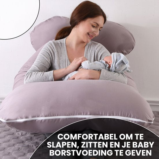 Oemmie Oreiller de grossesse - Oreiller d'allaitement - Oreiller de sommeil en soie - Oreiller de corps - Forme en U - 140x80 cm - Gris