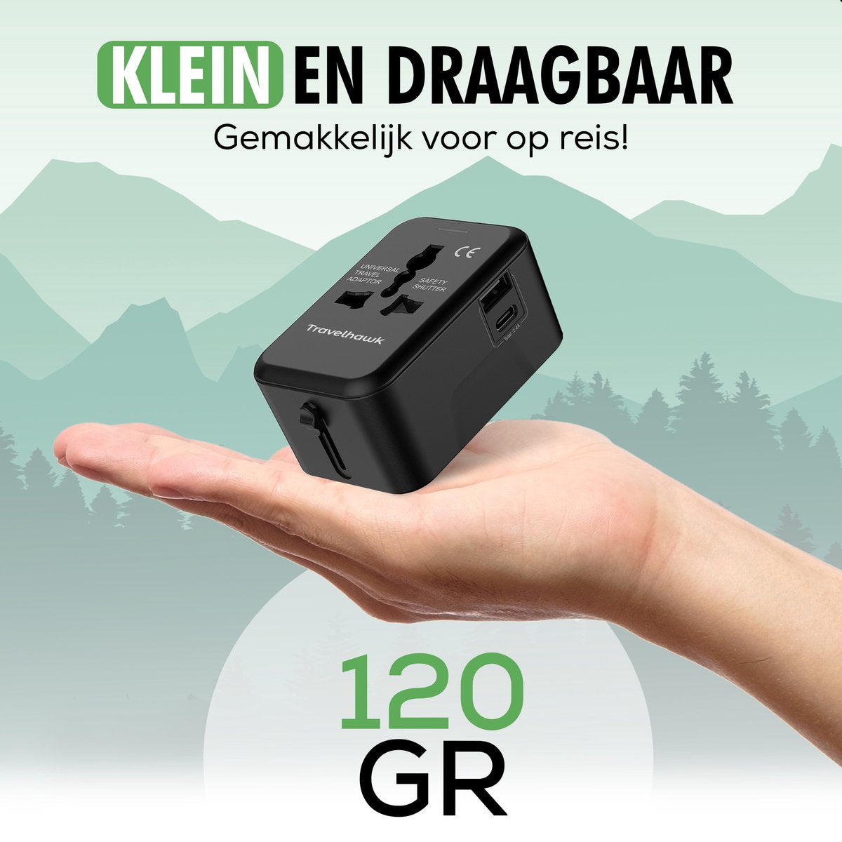 TravelHawk Universal World Plug Noir - Port USB-C et USB - Pour plus de 150 pays - Compact 7,5 x 5 x 3,5 cm