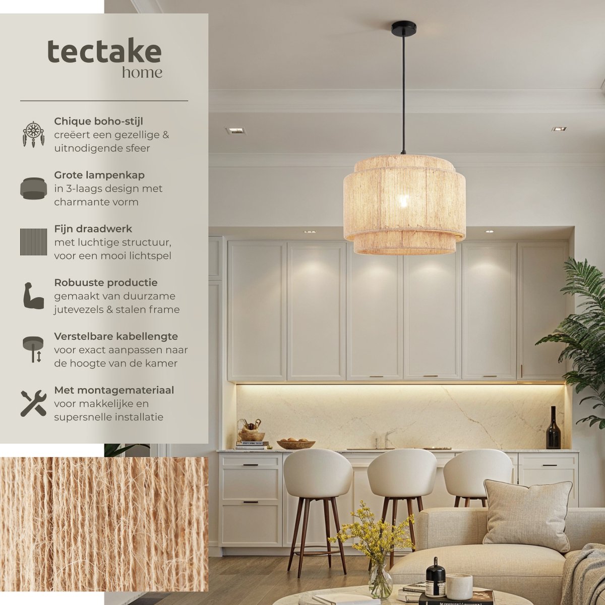 tectake® Plafonnier Lignea Lux - Lampe pendante Boho - Jute Nature - Ø46 x 32 cm - 40W