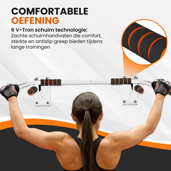 TTD® Premium Pull Up Bar - Pull Up Station - Wall Mount Pull Up Bar - Dip Station - Dip Bars - Home Sports - Home Fitness - Premium materials - Extra sturdy mounting parts - Home workout - White/Orange