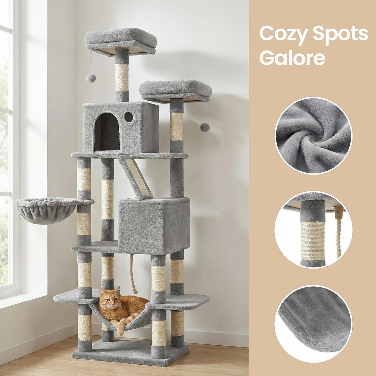 JOYFURNOS Grand arbre à chat 168 cm - 14 zones à griffer, 2 perchoirs, 2 niches, hamac et panier - Gris clair - 55 x 45 x 168 cm