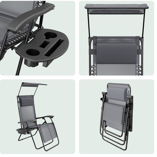 LifeGoods Chaise de jardin pliable - parasol réglable - chaise longue de jardin - 30°-90° réglable - métal - gris