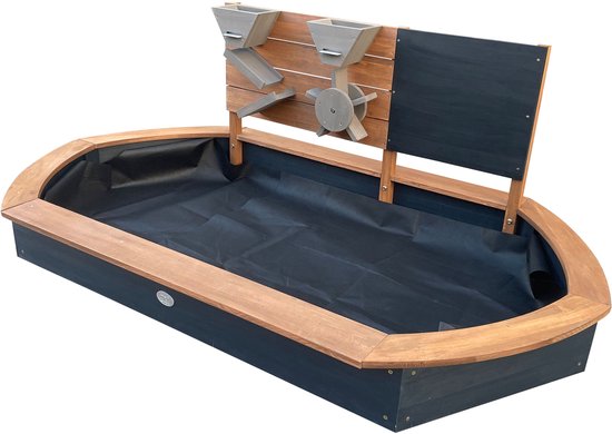 Bac à sable AXI Joey 158 x 91 x 57 cm Marron/anthracite – Avec mur de jeux et tableau à craie – Bac à sable ovale – Avec housse et tapis de sol – Bois de pruche 100 % certifié FSC