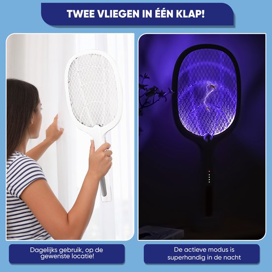 TTD® Premium Electric Fly Swatter and Mosquito Lamp Rechargeable - 2 Stages Fly Swatter and Mosquito Lamp - 2500 Volts - Avec filet de sécurité - Lumière UV - Attrape-mouches - Lampe à mouches - Lampe à moustiques pour l'intérieur et l'extérieur - Attrape