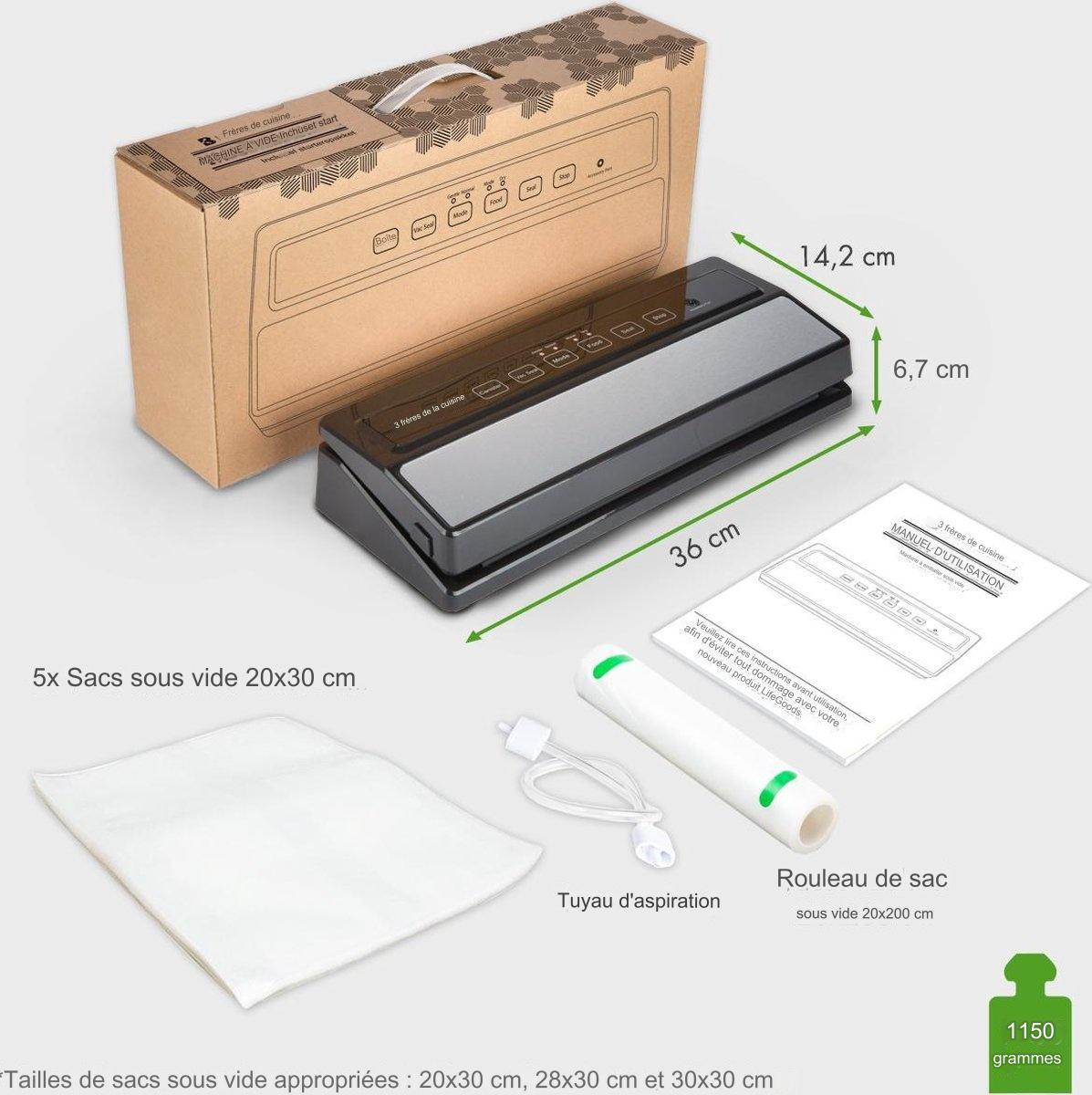 Machine sous vide - KitchenBrothers - Scelleuse sous vide automatique - 4 modes - Avec rouleau de film - sacs sous vide et tuyau d’aspiration - Noir