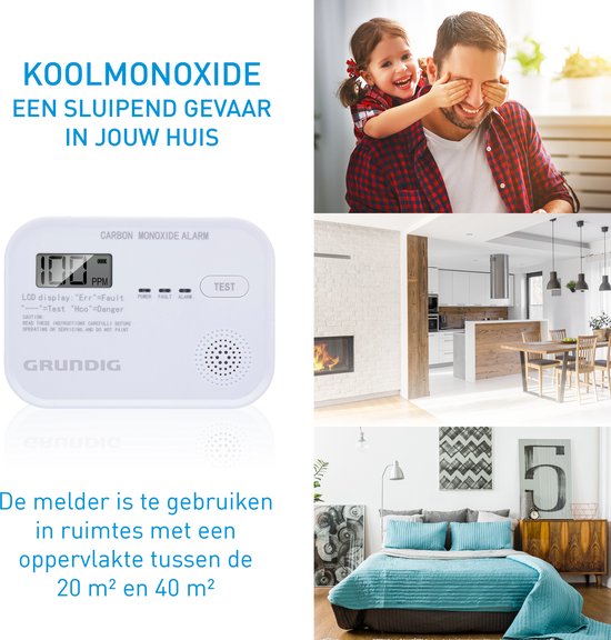 Détecteur de CO Grundig - Détecteur de monoxyde de carbone avec batterie de 10 ans - Compteur de CO avec écran LCD, alarme de niveau de batterie faible et alarme d'erreur de capteur - Détecteur de Co2 avec alarme 85dB - Montage mural - Blanc