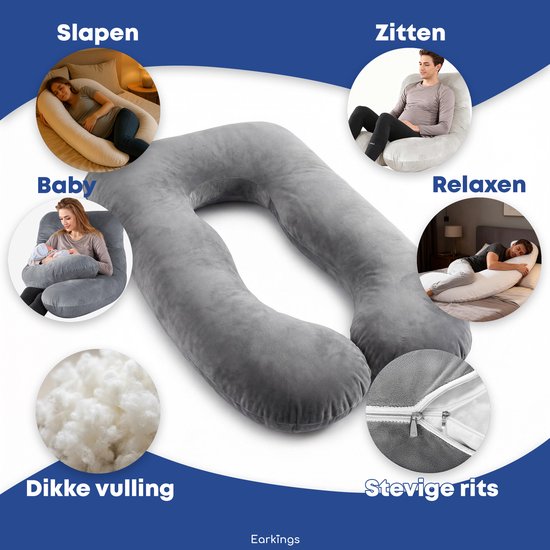 Oreiller de grossesse Earkings pour dormir sur le côté - Gris foncé - 140 x 80 cm