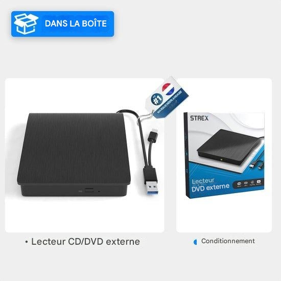Lecteur DVD Externe avec Graveur Strex, CD/DVD, Plug & Play, USB 3.0 DVD Player, noir