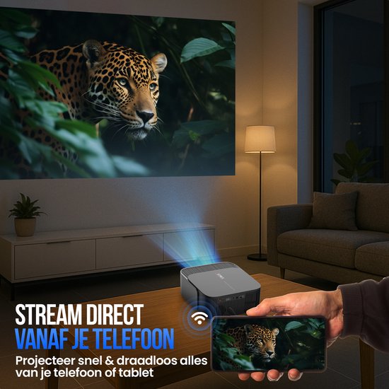 Strex Smart Beamer WiFi - Mini-projecteur avec applications (WhaleOS) - Projecteur Full HD 1080p - Compatible 4K - Bluetooth et haut-parleurs intégrés - Sac de rangement et écran de projection inclus