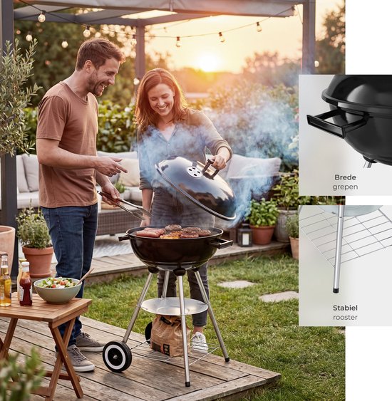 Barbecue au charbon de bois tectake® - Barbecue sphérique - Plaque de cuisson Ø 41,5 cm - Barbecue à 2 roues - Fumoir avec couvercle - Rond - Noir - Métal