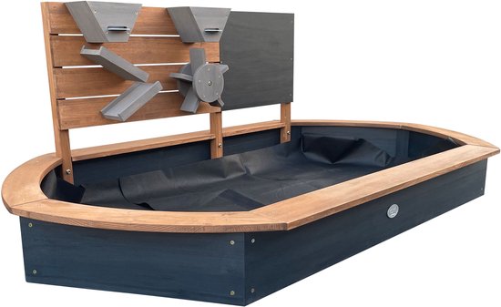 Bac à sable AXI Joey 158 x 91 x 57 cm Marron/anthracite – Avec mur de jeux et tableau à craie – Bac à sable ovale – Avec housse et tapis de sol – Bois de pruche 100 % certifié FSC