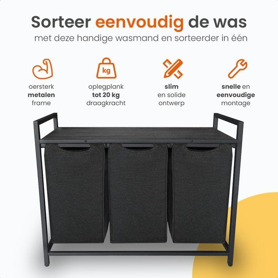 Goliving Trieur de linge - Panier à linge avec 3 compartiments - Boîte à linge - Textile Oxfort/Métal/Bois - 3 x 38 Litres - 25 x 92,5 x 71 cm - Noir