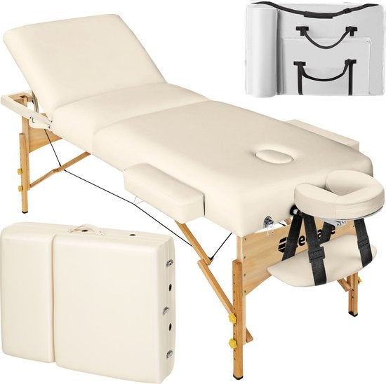 tectake® - Table de massage avec matelas de 10 cm + sac de transport table de traitement table de massage - beige - banc de traitement - avec sac de rangement - pliable