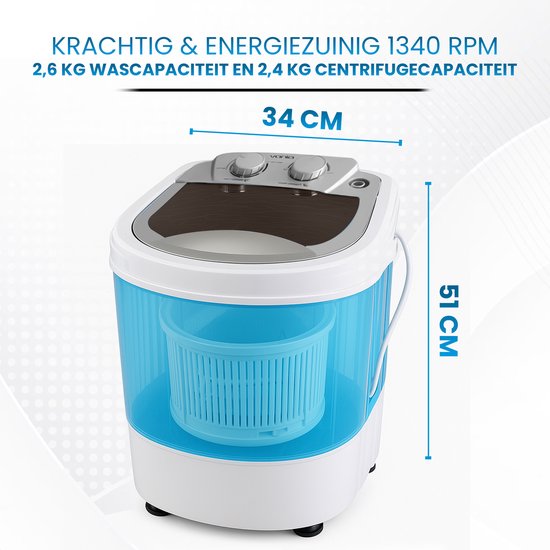 Vonia Mini Washer - Petit lave-linge - Avec essorage et chargement par le haut - Capacité de lavage 2,6 kg - Efficace sur le plan énergétique - Blanc/Bleu