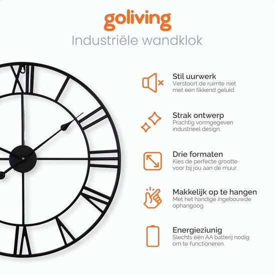 Horloge murale industrielle Goliving - Mouvement silencieux - Horloge murale moderne - Métal - Ø 70cm - Noir