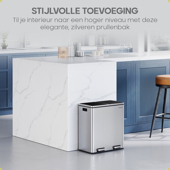 Poubelle O'DADDY® - Poubelle – Duo Bin – 60 litres – Fermeture douce – 58,6 x 32 x 65 cm – 2 seaux intérieurs / compartiments - Poubelle - Poubelle à pédale 60 L - Corbeille à papier - Poubelle - Poubelle pour le tri sélectif – 15 sacs poubelle inclus – A