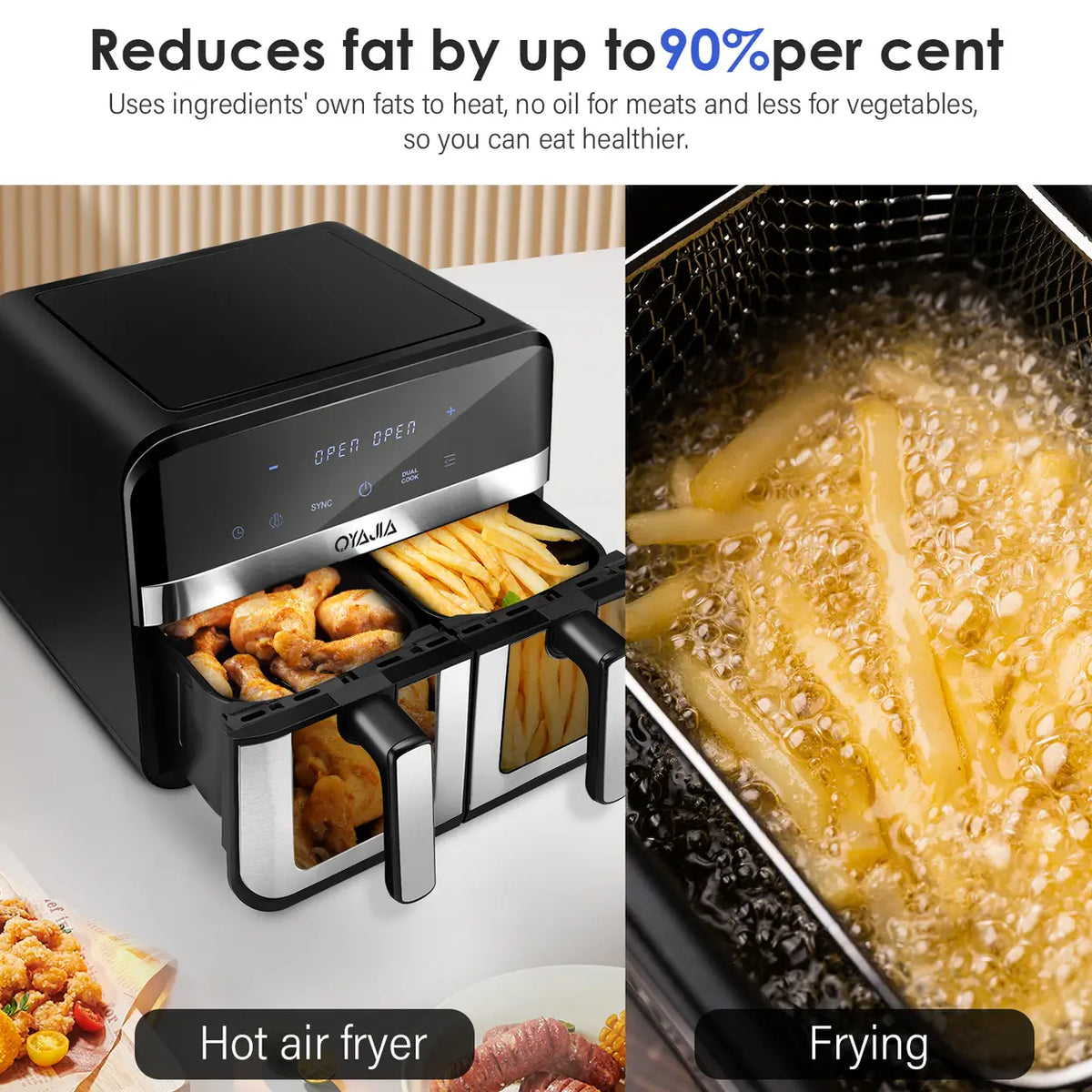Friteuse à air chaud Oyajia à deux zones avec réglage indépendant de la température - Écran tactile numérique - 4,5 L - Noir