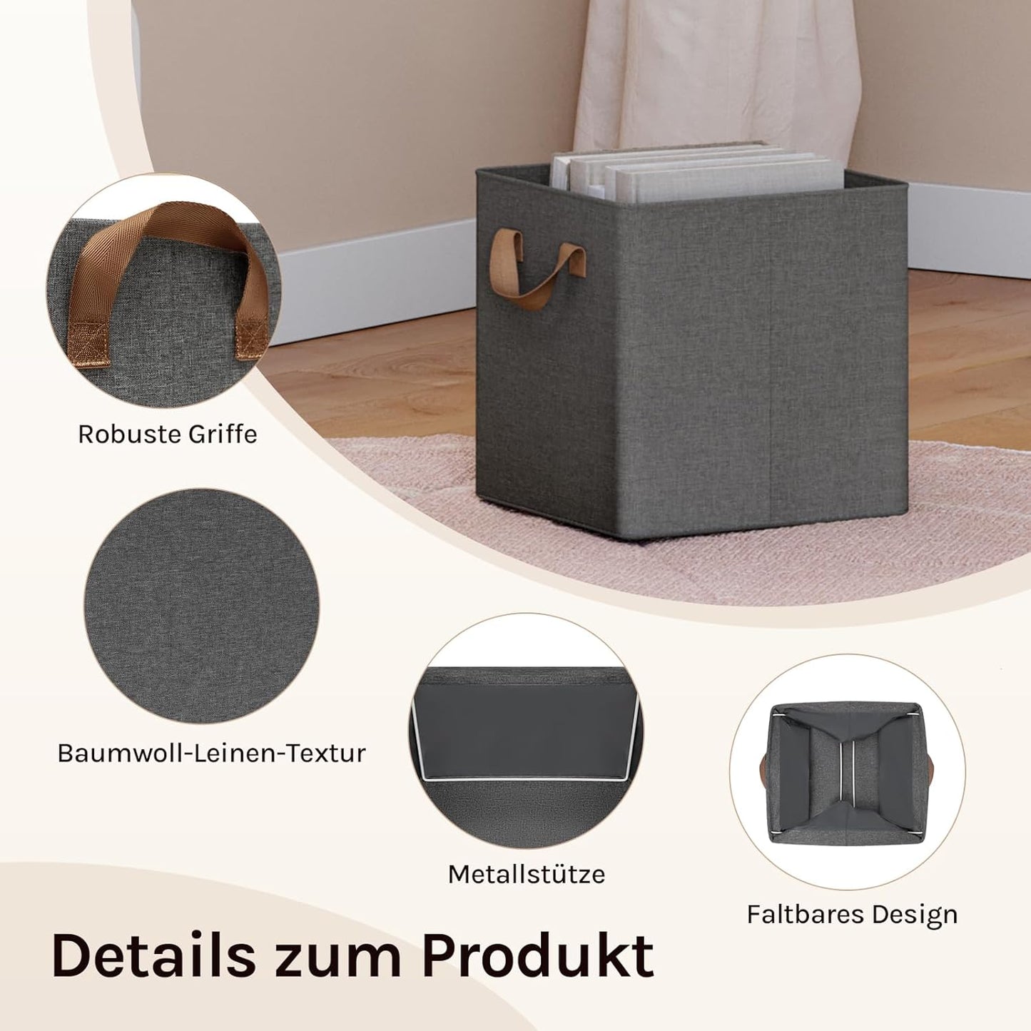 Lot de 5 boîtes de rangement pliables WOLTU - cubes de rangement en tissu avec poignées et armature métallique - gris 32 x 32 x 31 cm