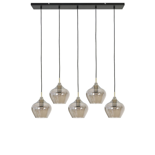Light & Living Lampe pendante RAKEL - 5 Lights - Verre Ø20 cm - Rectangulaire - Antique Bronze + Smoke - Elegant Vintage Style