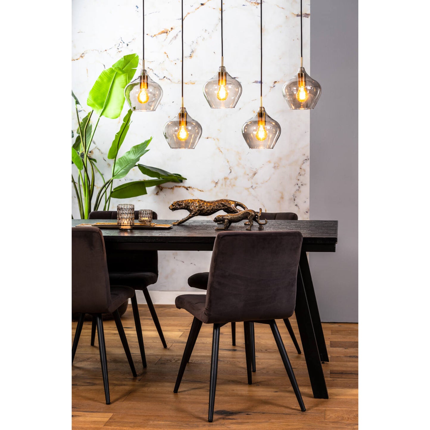 Light & Living Lampe pendante RAKEL - 5 Lights - Verre Ø20 cm - Rectangulaire - Antique Bronze + Smoke - Elegant Vintage Style