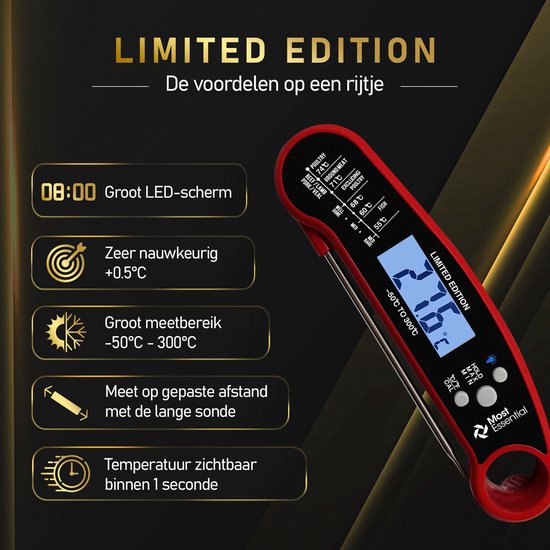 MostEssential Premium Thermomètre à viande - Thermomètre BBQ - Thermomètre à cœur - Thermomètre à sucre - Thermomètre de cuisine - Numérique - Sans fil - Etanche - Rouge