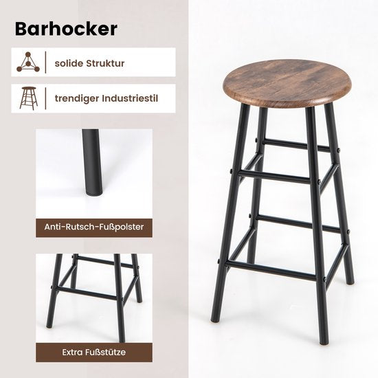Table de bar Coast avec tabouret de bar, ensemble pour 2 personnes, avec porte-verres à vin et porte-bouteilles, comptoir pour le salon, la salle à manger et la cuisine (couleur café)