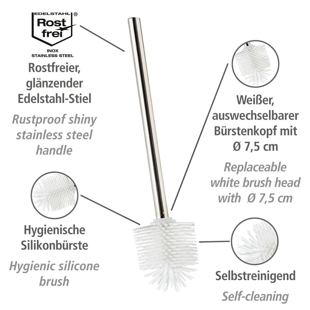 Brosse de WC Wenko en silicone blanche - Tête de brosse interchangeable Ø 7,5 cm - Manche en acier inoxydable