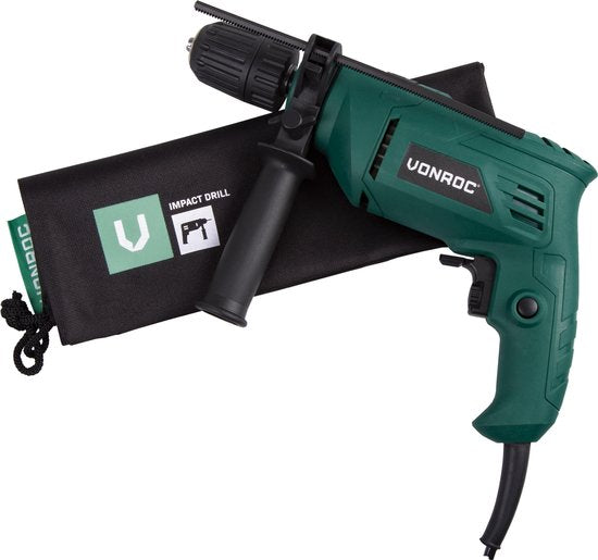 VONROC Perceuse à percussion - 500W - Mandrin rapide - Poignée latérale, butée de profondeur et sac de rangement inclus