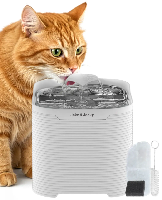 Jake & Jacky Fontaine à boire Acier inoxydable - Blanc - 23x17x14,2 cm - 2,5L - Whisper Quiet - Alimentée