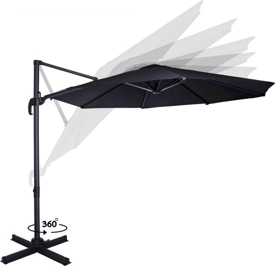 VONROC Premium Floating Parasol Bardolino Ø300cm - Base transversale et housse de protection incluses - Parasol rond - Orientable à 360° - Inclinable - Toile résistante aux UV - Noir