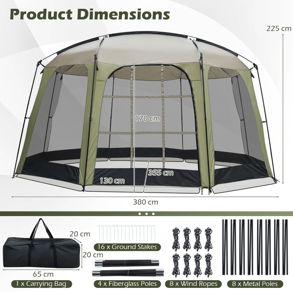 Tente de camping Coast avec moustiquaire - Tente de jardin pliable pour 6 à 8 personnes - 380 x 355 x 225 cm - Vert/Noir