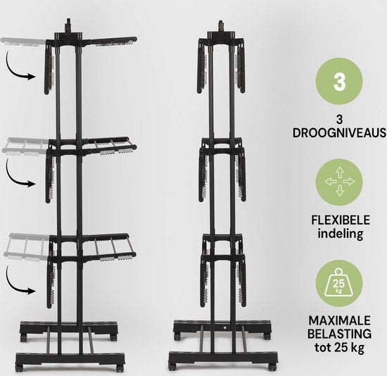 Vitapur Clothes Rack Collapsible - Drying Rack - Clothes Rack Collapsible - Drying Tower on Wheels - Clothes Rack Collapsible - Mobile - Black