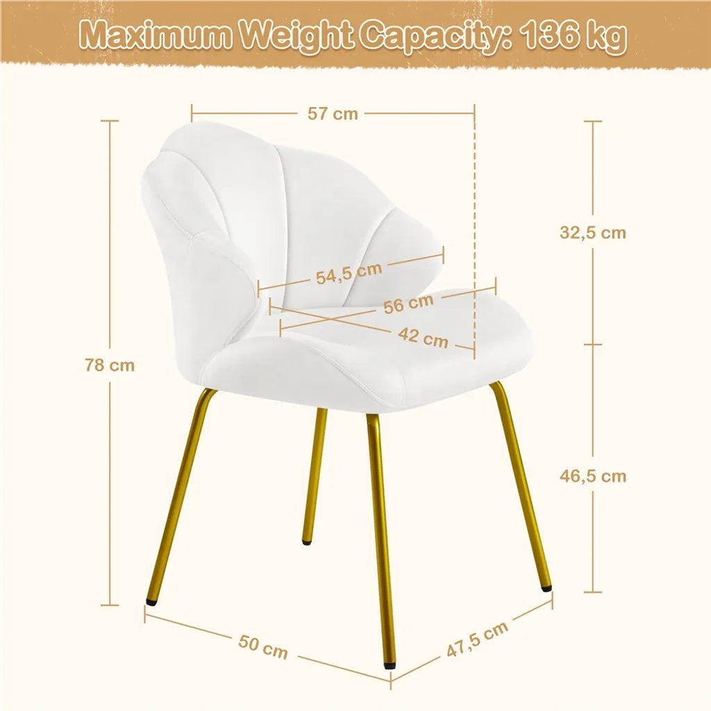 Chaise de salle à manger Yaheetech 56 x 57 x 78 cm - Blanche - Chaise rembourrée en forme de coquillage avec pieds en métal