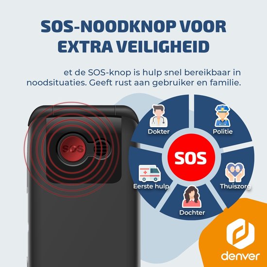 Téléphone portable Denver pour seniors 4G - Grandes touches - Bouton SOS - Grandir sans smartphone - Station de recharge - GSM - Bluetooth - Radio FM - Entièrement en néerlandais et en français - Modèle 2026 - BAS24800L