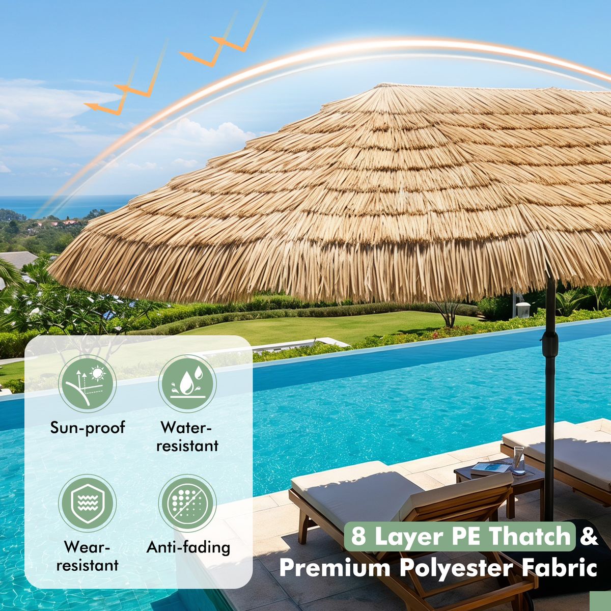Parasol double en paille Coast - style hawaïen tropical - sans lampe, sans pied de parasol - 450 x 270 cm - couleur naturelle